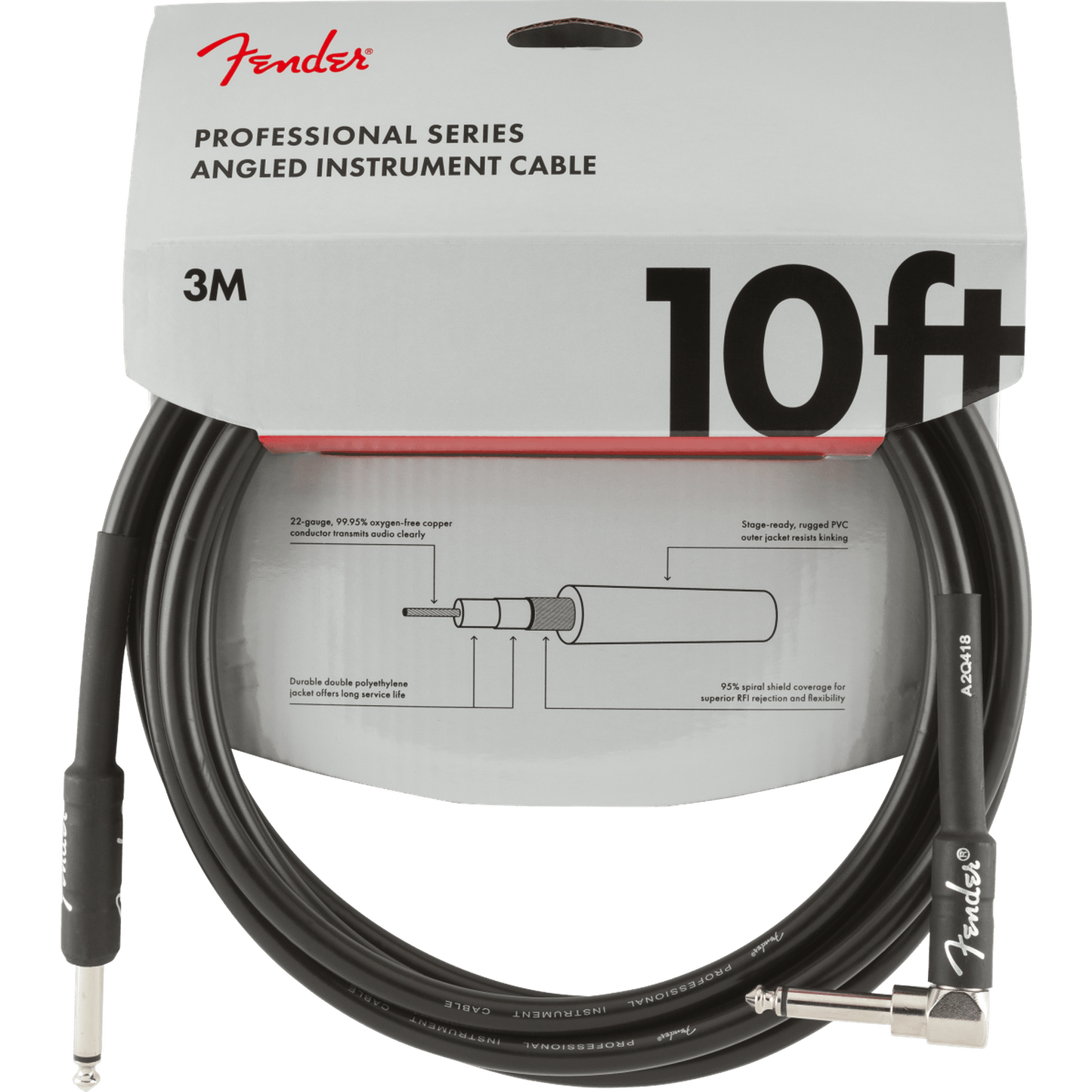 Fender Professional Series Right Angle Instrument Cable 10ft - Black - Joondalup Music Centre