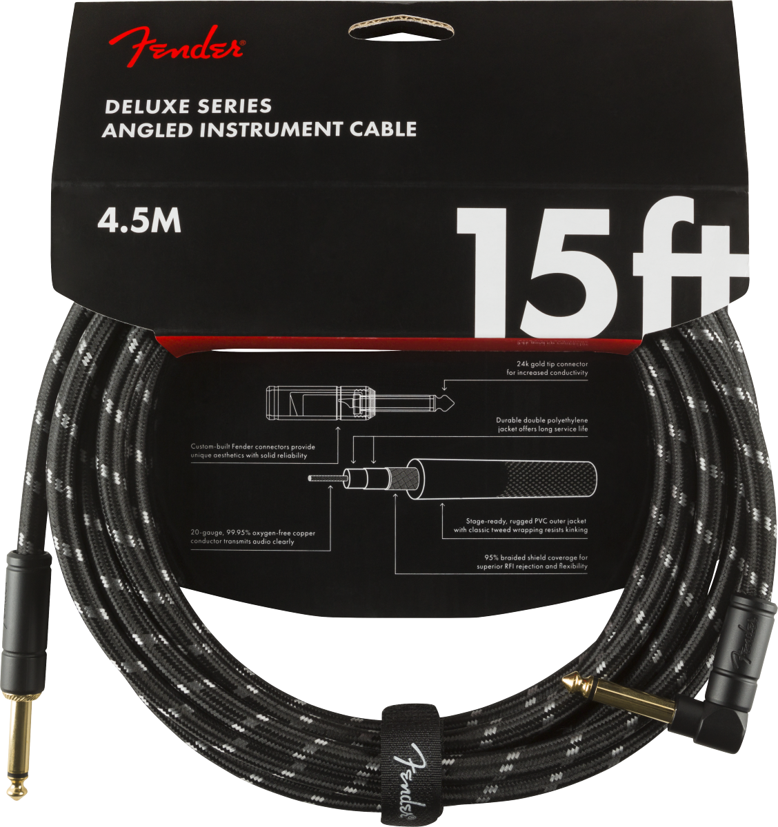 Fender Deluxe Series Right Angle 15ft Cable - Black Tweed - Joondalup Music Centre