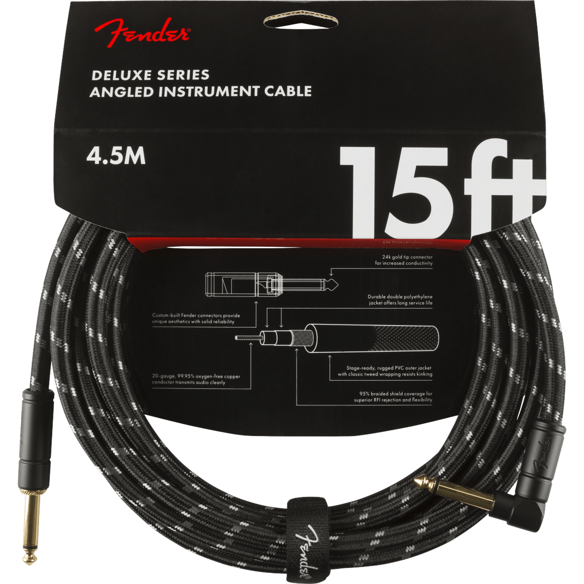 Fender Deluxe Series Right Angle 15ft Cable - Black Tweed - Joondalup Music Centre