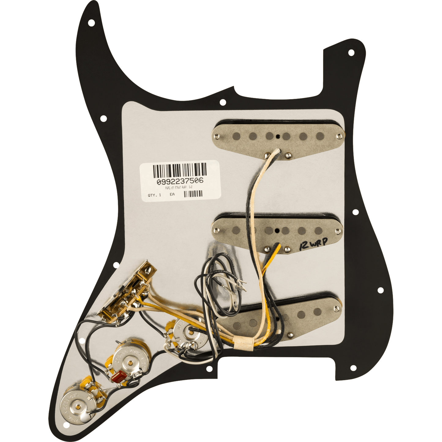 Fender Pre-Wired Strat Pickguard, Pure Vintage '65 w/RWRP Middle, Black 11 Hole PG