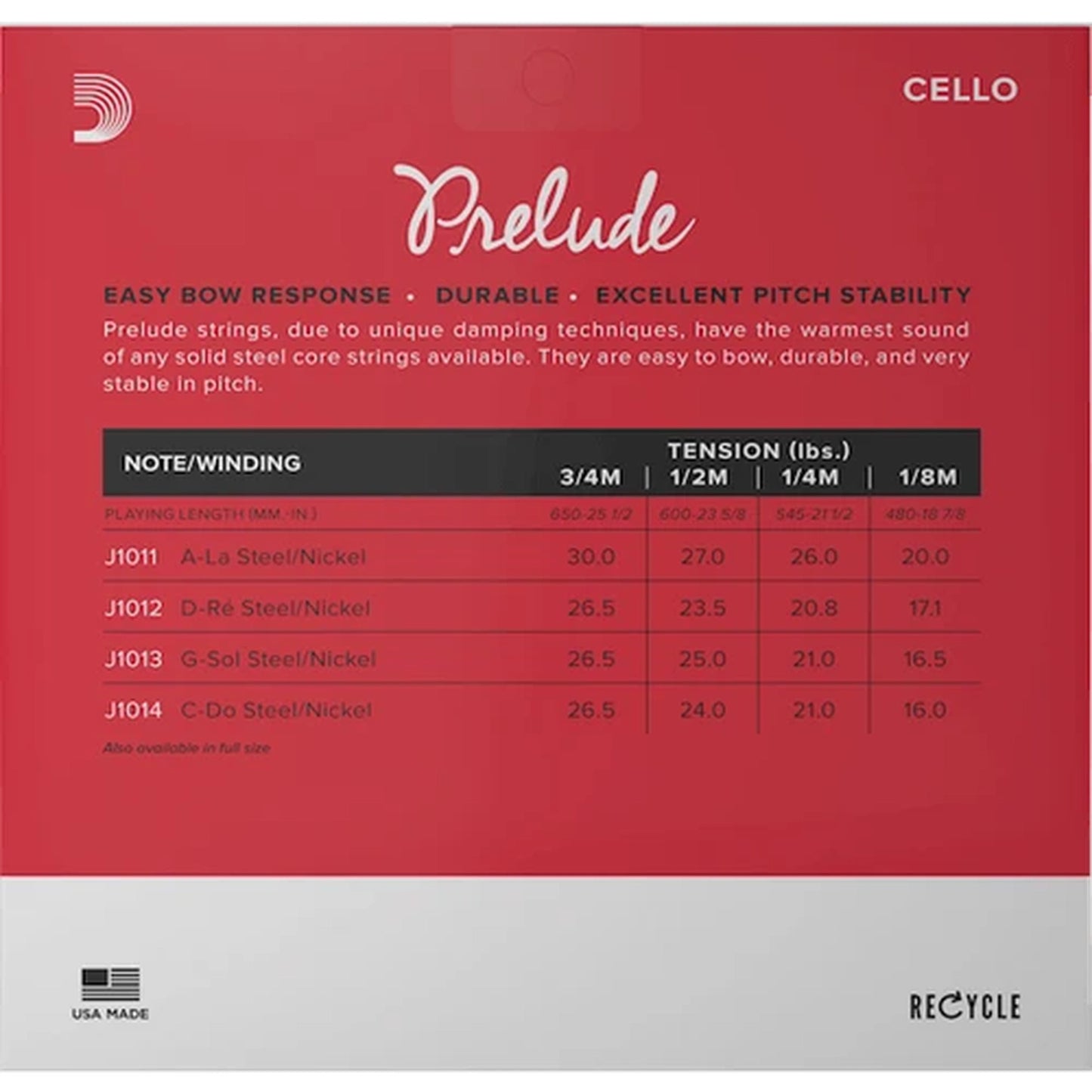 D'Addario Prelude Cello Strings Set - 1/4 Size