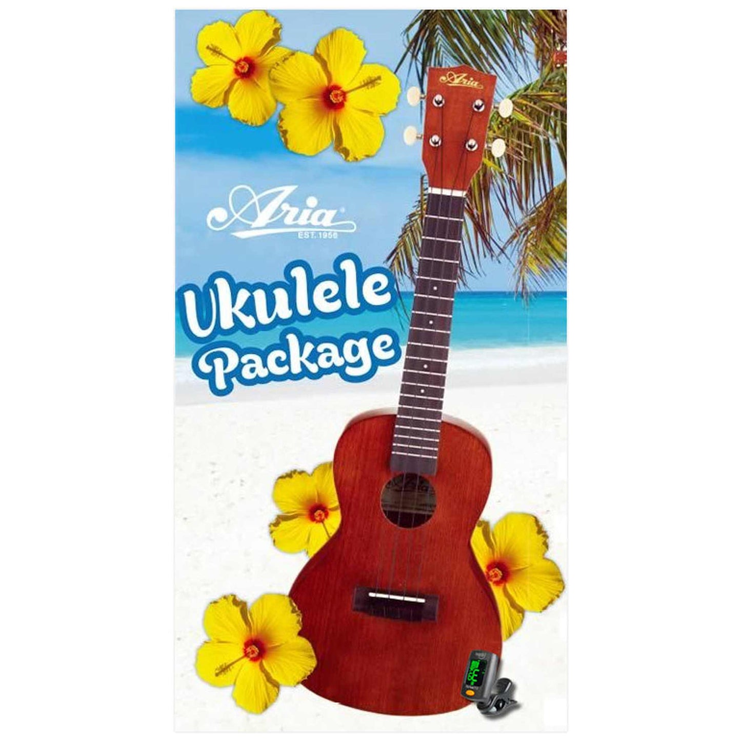 Aria AU-Series Tenor Ukulele Starter Pack  - Uke, Clip-on Tuner, Gig Bag & Book