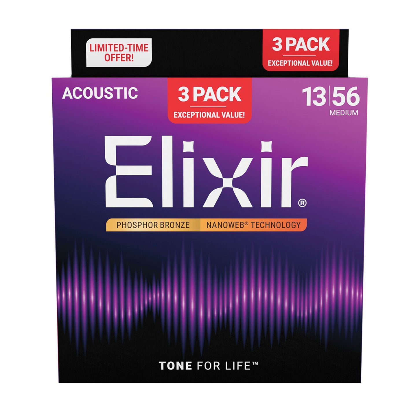 Elixir 3 Pack Phosphor Bronze Medium 13-56 Nanoweb (16546)