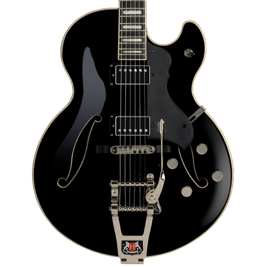 Hagstrom Tremar HJ500 Hollow Body Electric Guitar - Black Gloss - close up