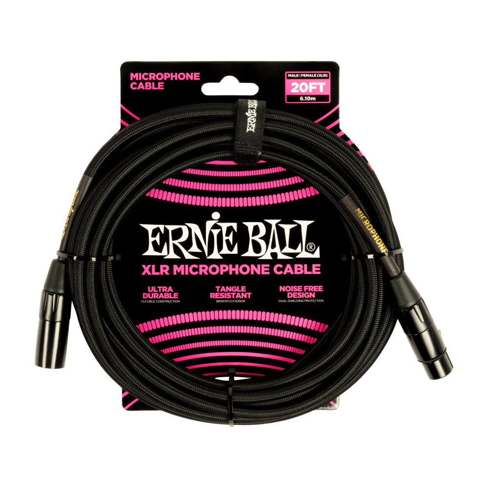 ERNIE BALL XLR MICROPHONE CABLE 20FT - BRAIDED BLACK - Joondalup Music Centre