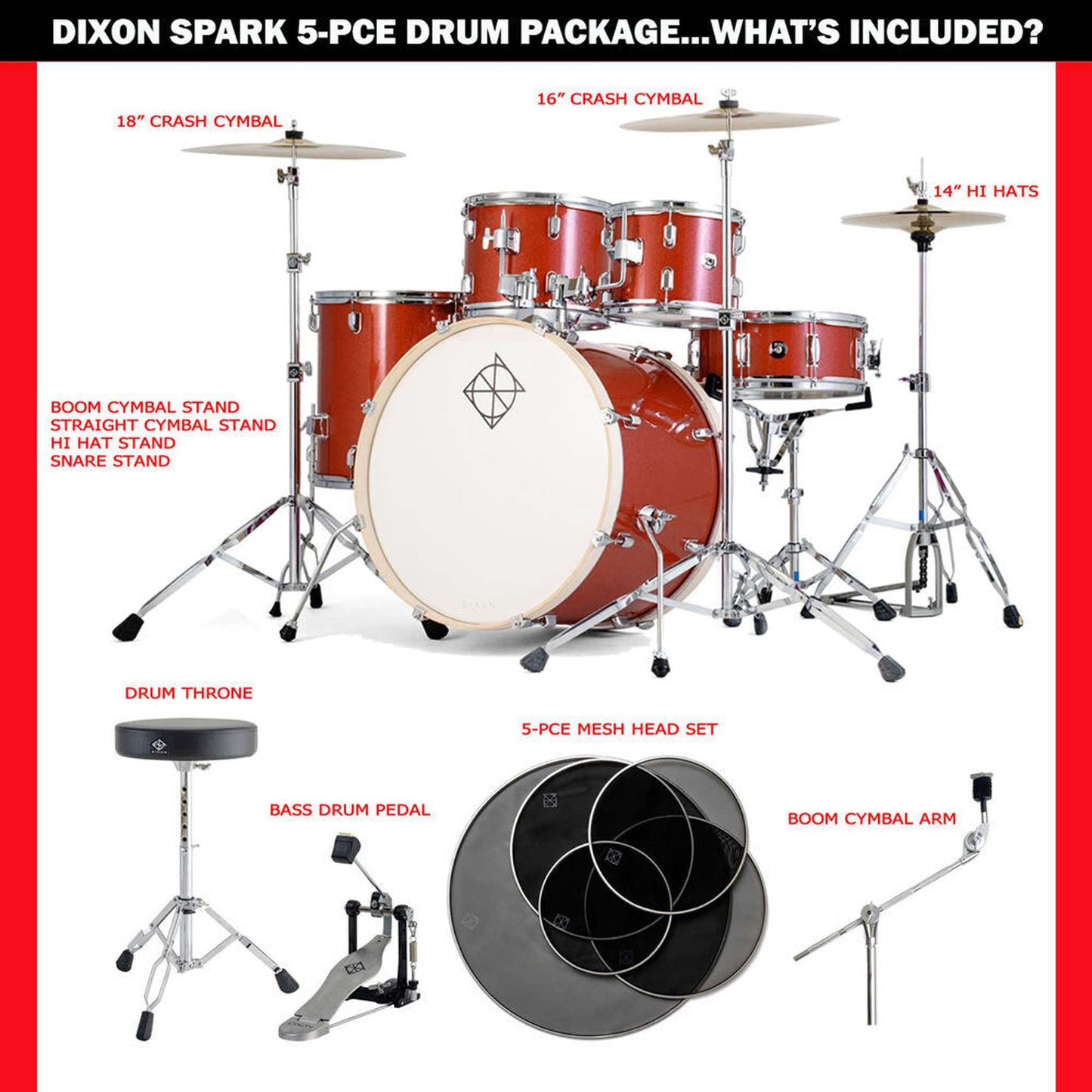 Dixon Spark Standard Series 5-Pce Drum Kit w/Cymbals - Champagne Sparkle