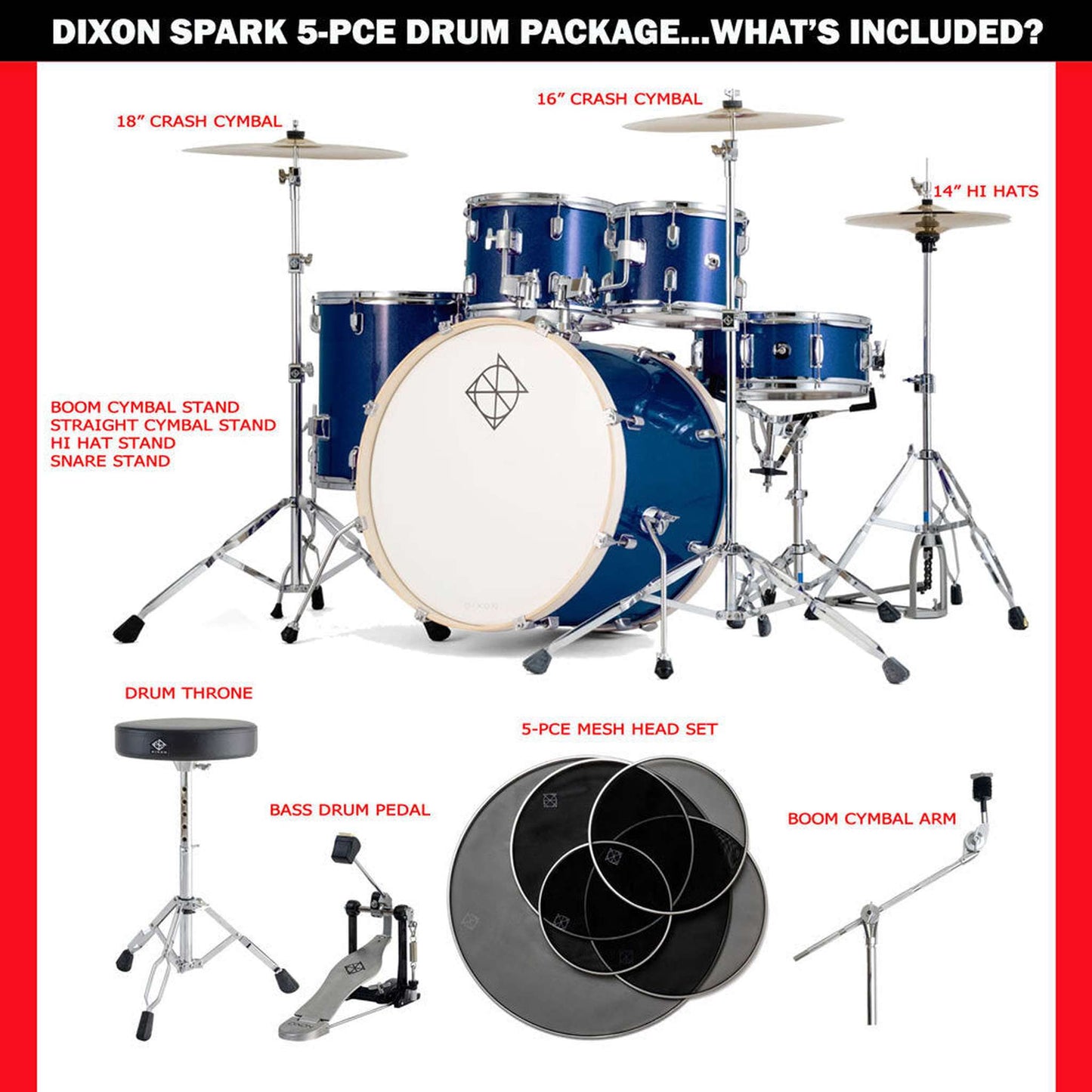 Dixon Spark Standard Series 5-Pce Drum Kit w/Cymbals - Deep Blue