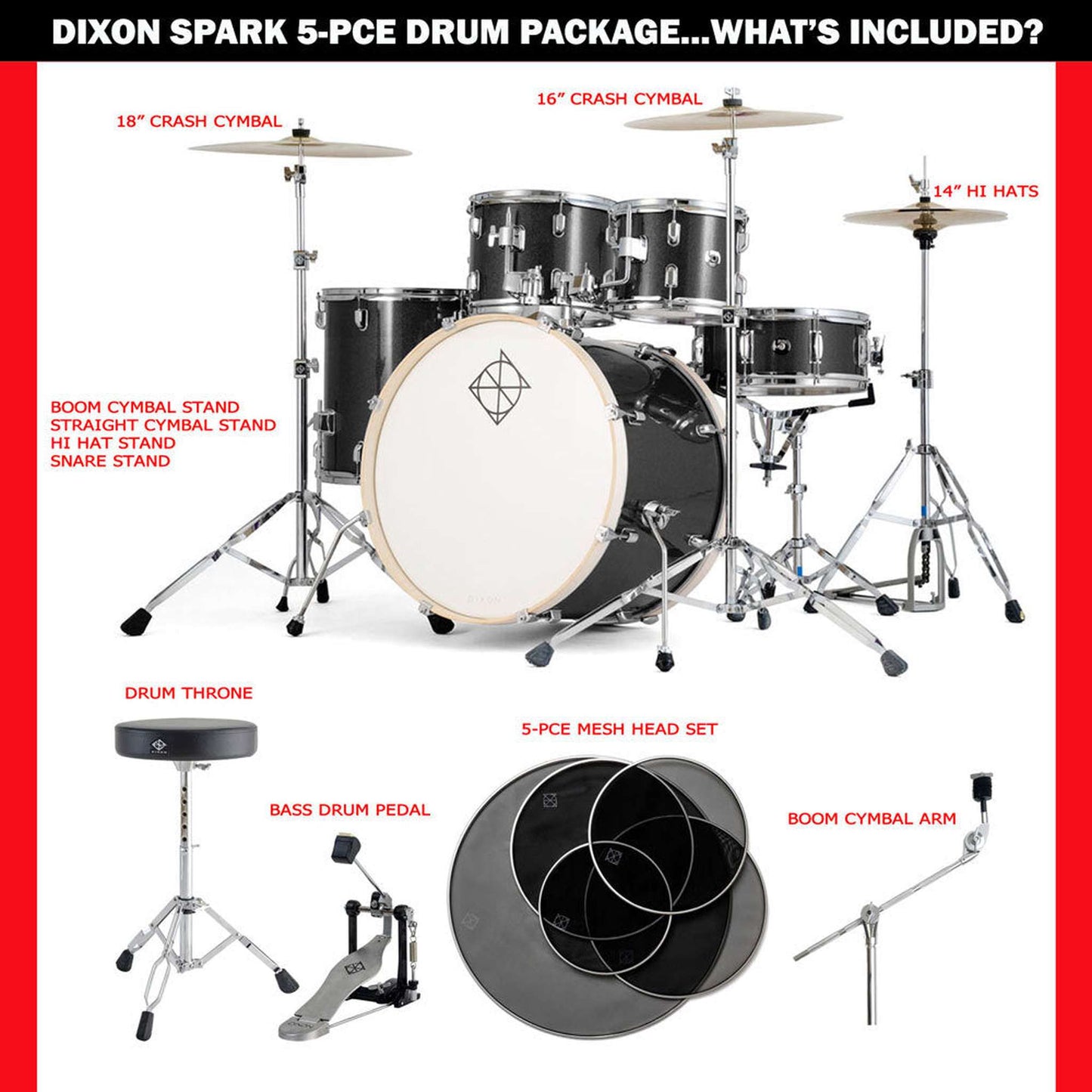 Dixon Spark Standard Series 5-Pce Drum Kit w/Cymbals - Misty Black Sparkle