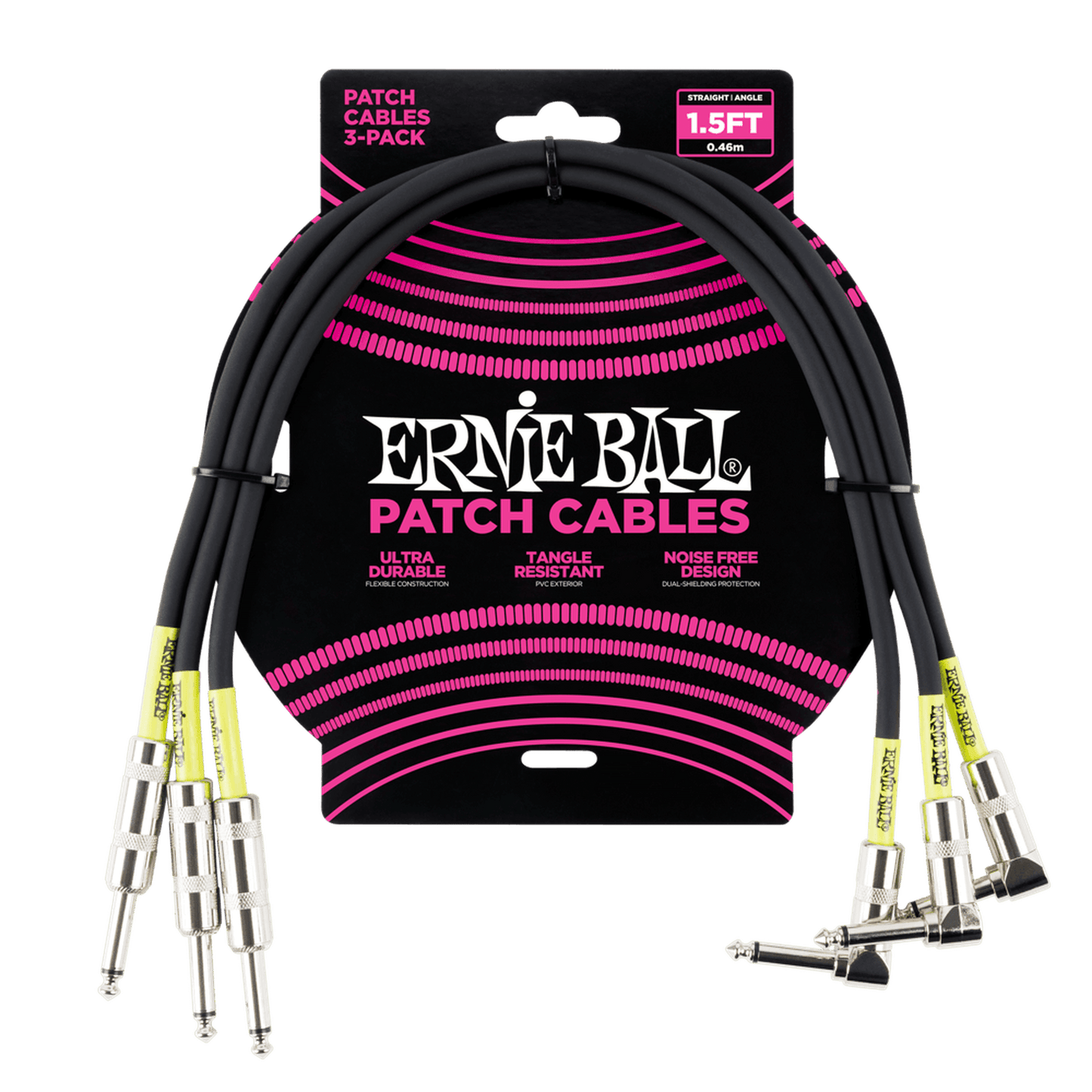 ERNIE BALL STRAIGHT/ANGLE PATCH CABLE 0.5M - BLACK - 3 PACK - Joondalup Music Centre