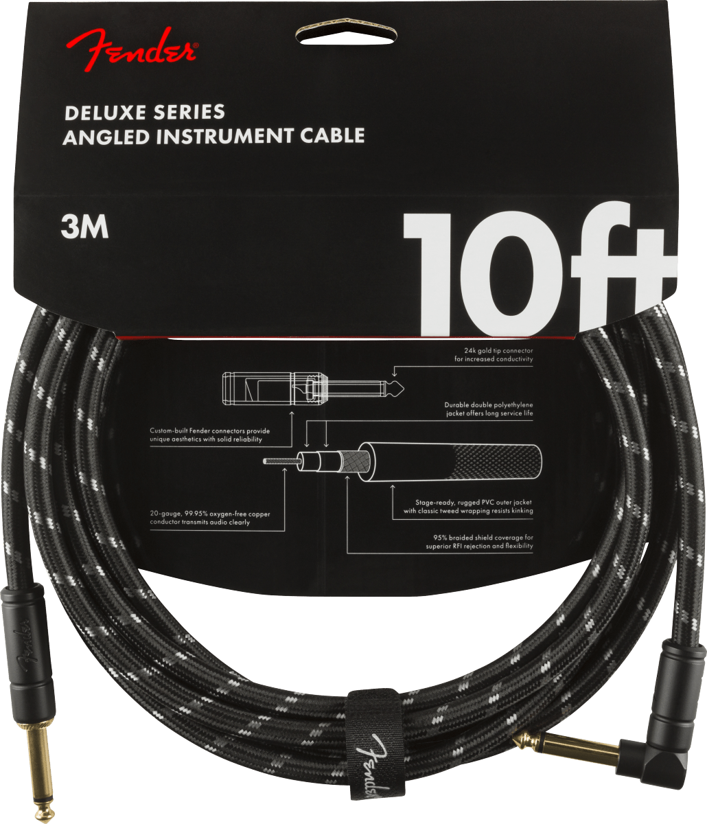 Fender Deluxe Series Right Angle Instrument Cable 10ft - Black Tweed - Joondalup Music Centre