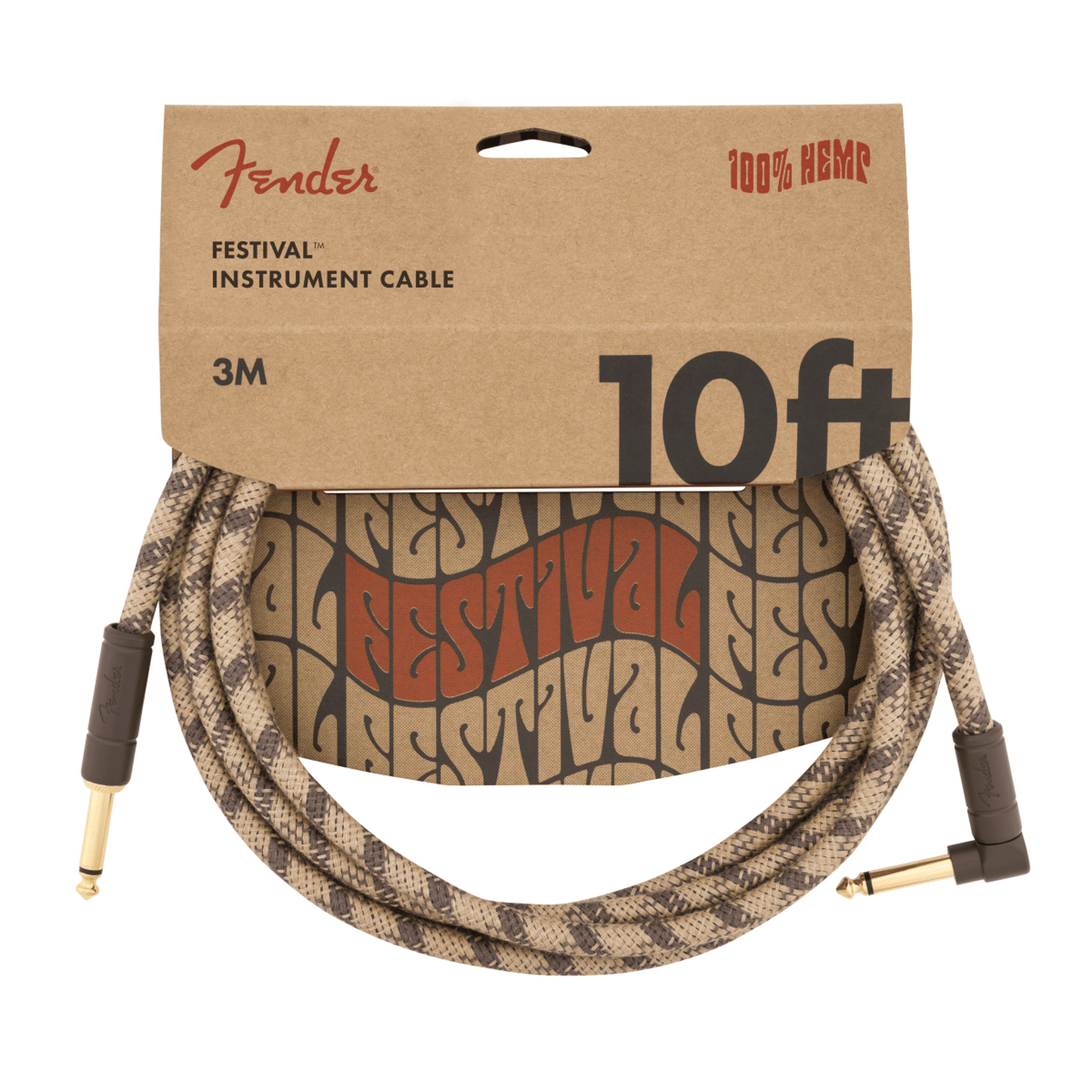 Fender Festival Hemp Right Angle Instrument Cable 10ft - Brown Stripe - Joondalup Music Centre