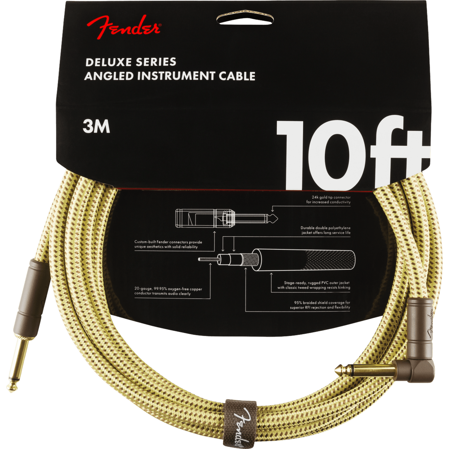 FENDER DELUXE SERIES RIGHT ANGLE INSTRUMENT CABLE 10FT - TWEED - Joondalup Music Centre