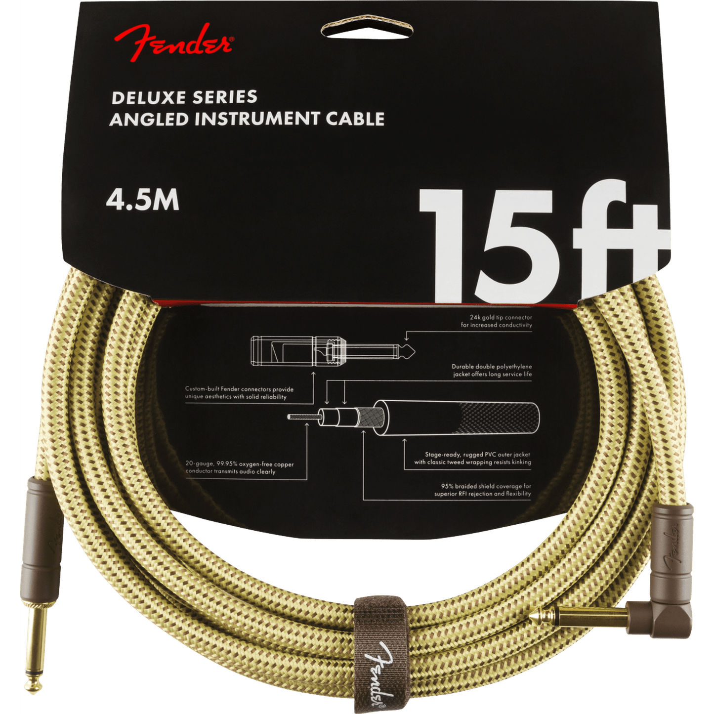 FENDER DELUXE SERIES RIGHT ANGLE INSTRUMENT CABLE 4.5M - TWEED - Joondalup Music Centre