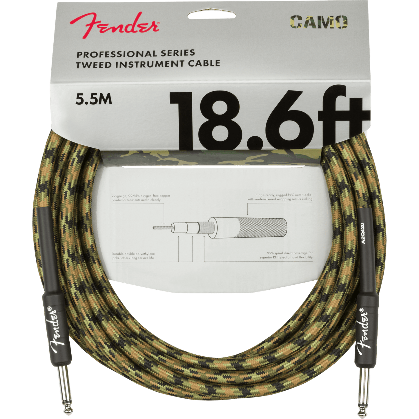 FENDER PROFESSIONAL SERIES INSTRUMENT CABLE 5.5M - WOODLAND CAMO - Joondalup Music Centre
