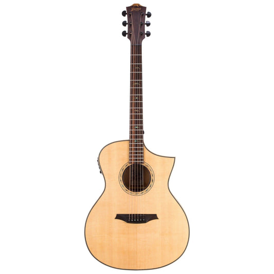 Bromo BAT4CE acoustic guitar photographed front-on against white — spruce top, cutaway body, rosewood fingerboard