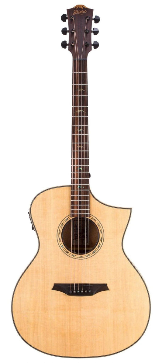 Bromo BAT4CE acoustic guitar photographed front-on against white — spruce top, cutaway body, rosewood fingerboard