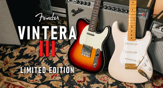 Fender Vintera III Limited Edition sunburst Telecaster and shell pink Stratocaster beside vintage Fender amps