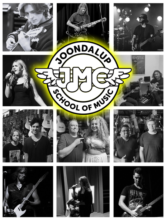 A collage of teachers and students participating in the tuition centre at Joondalup Music Centre with the logo of Joondalup School of Music overlay
