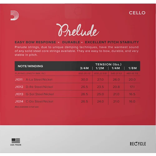 D'Addario Prelude Cello Strings Set - 1/4 Size