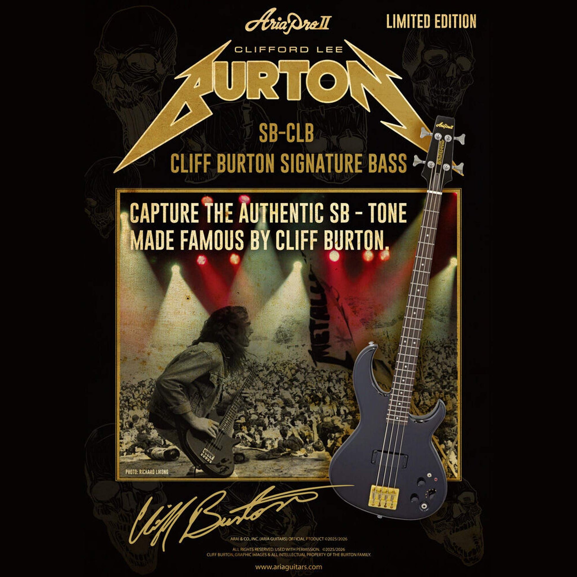 Aria Pro II SB-CLB Cliff Burton Signature Electric Bass Guitar - Black 7