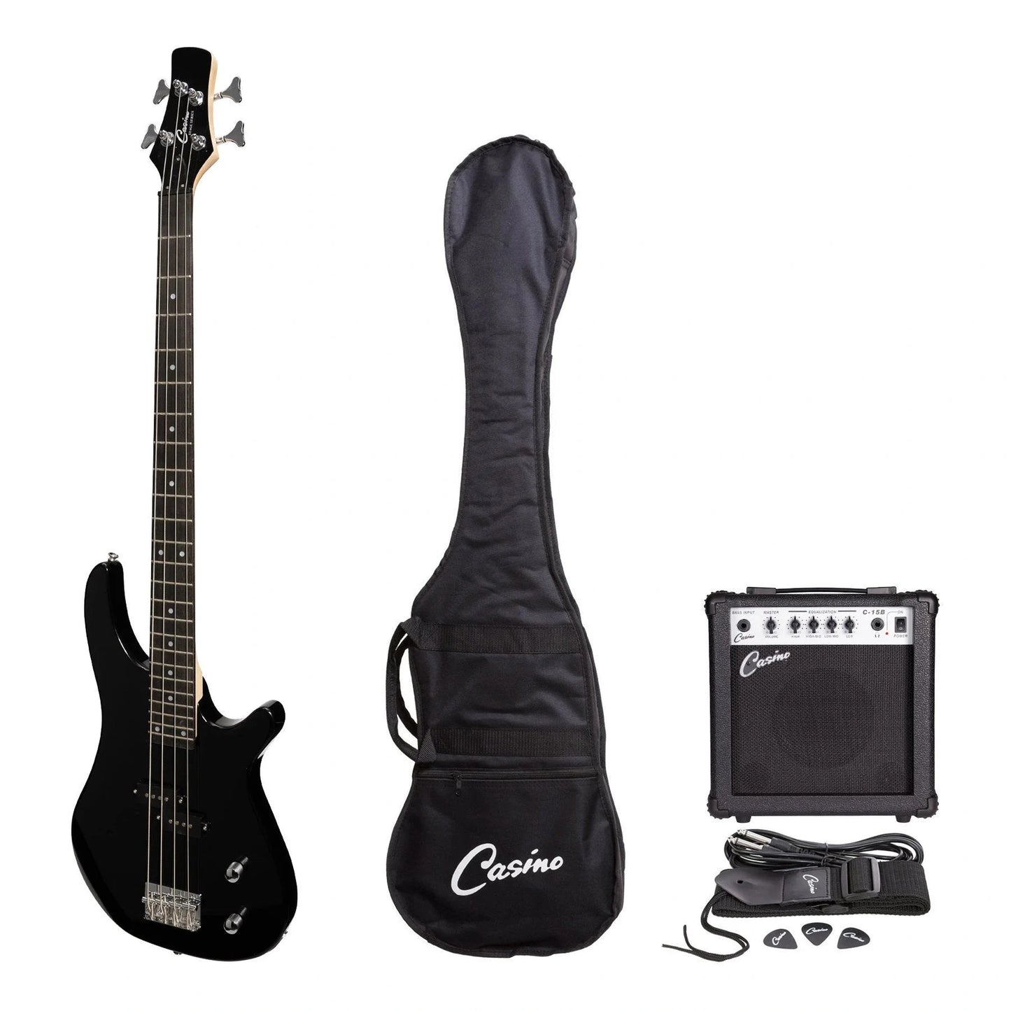 Casino '24 Series' Tune-Style Electric Bass Guitar and 15 Watt Amplifier Pack - Black
