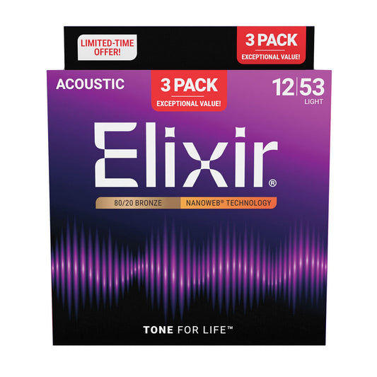 Elixir Nanoweb 80/20 Light Acoustic Guitar Strings 3 Pack - 12-53