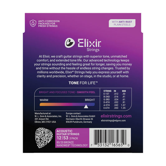 Elixir Nanoweb 80/20 Light Acoustic Guitar Strings 3 Pack - 12-53