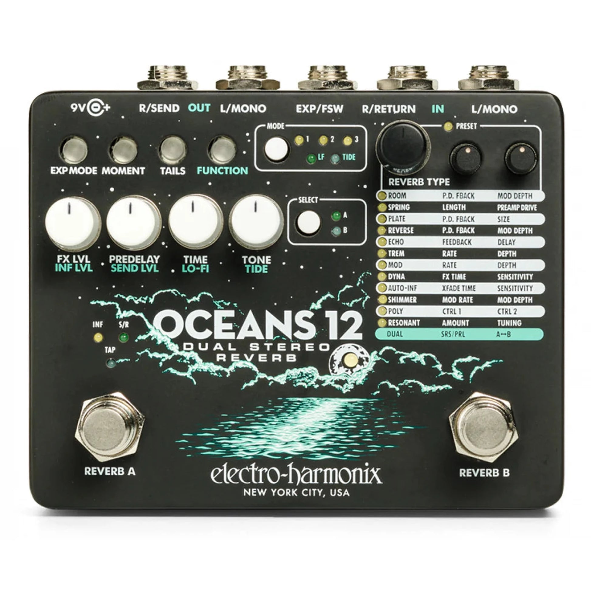Electro Harmonix Oceans 12 Dual Stereo Reverb Guitar Effects Pedal from Joondalup Music Centre