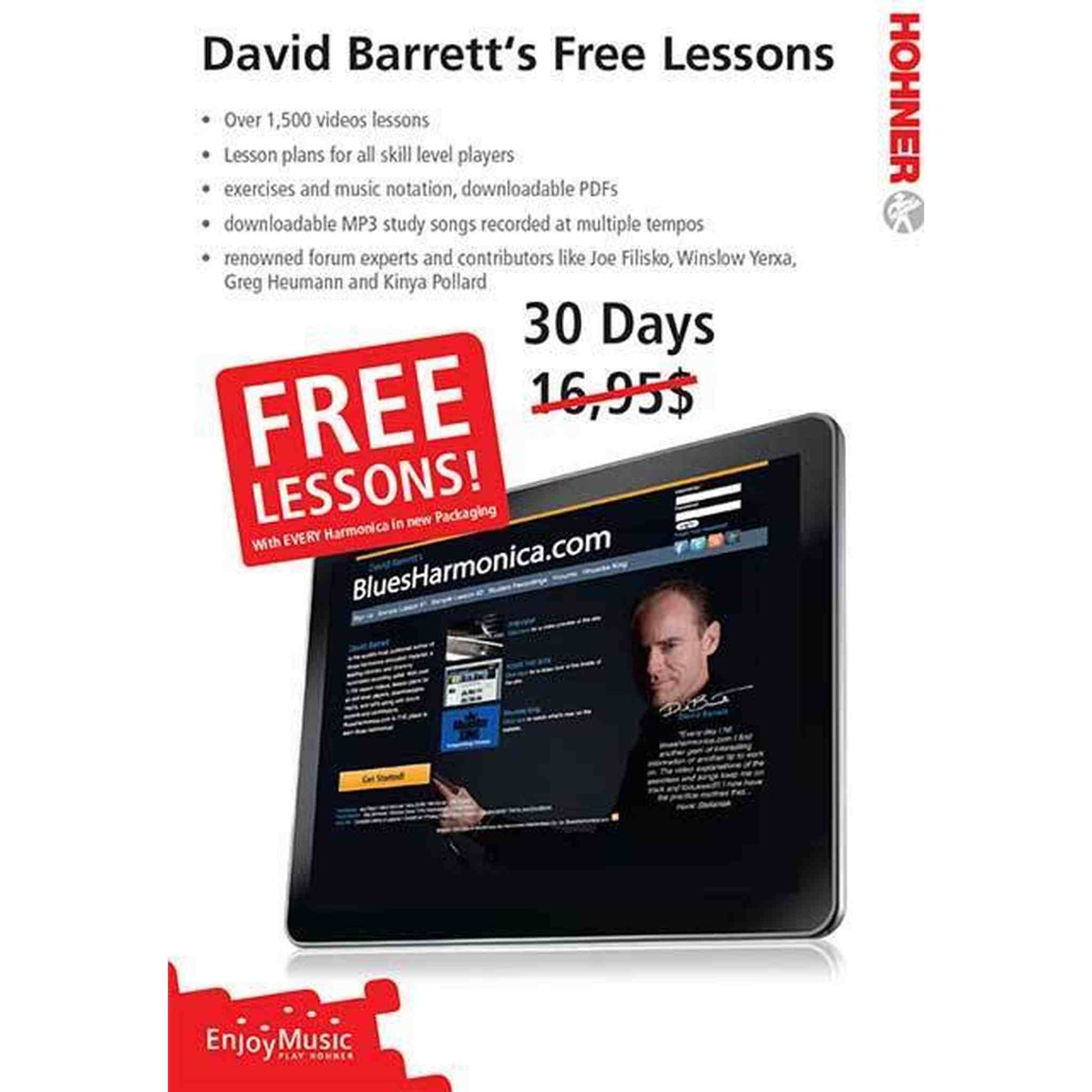 Advertisement for David Barrett's free lessons with a tablet displaying a website.