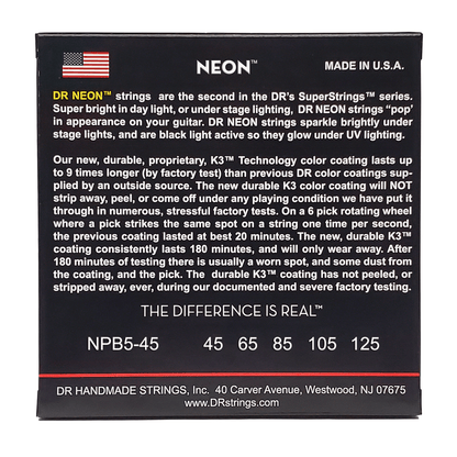 DR Strings Hi-Def Neon Purple K3 Coated 5-string Bass Guitar Strings - Medium 45-125