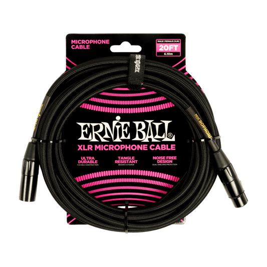 ERNIE BALL XLR MICROPHONE CABLE 20FT - BRAIDED BLACK - Joondalup Music Centre