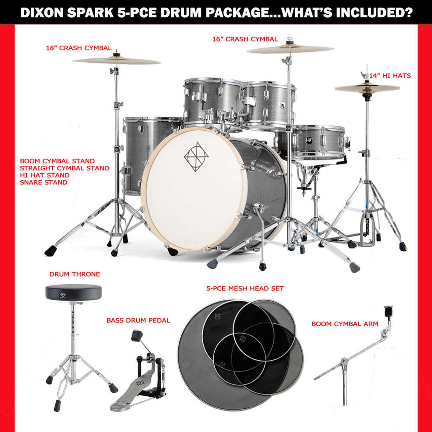 Dixon Spark Standard Series 5-Pce Drum Kit w/Cymbals - Cyclone Silver