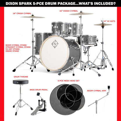 Dixon Spark Standard Series 5-Pce Drum Kit w/Cymbals - Cyclone Silver