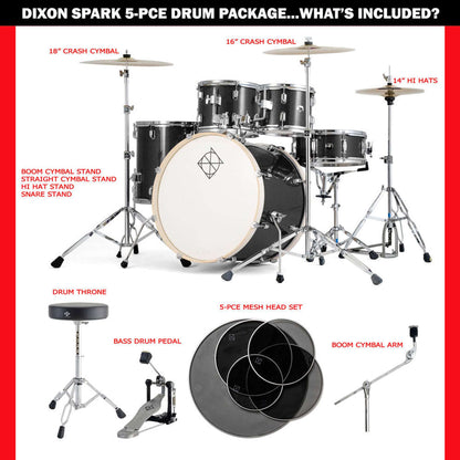 Dixon Spark Standard Series 5-Pce Drum Kit w/Cymbals - Misty Black Sparkle