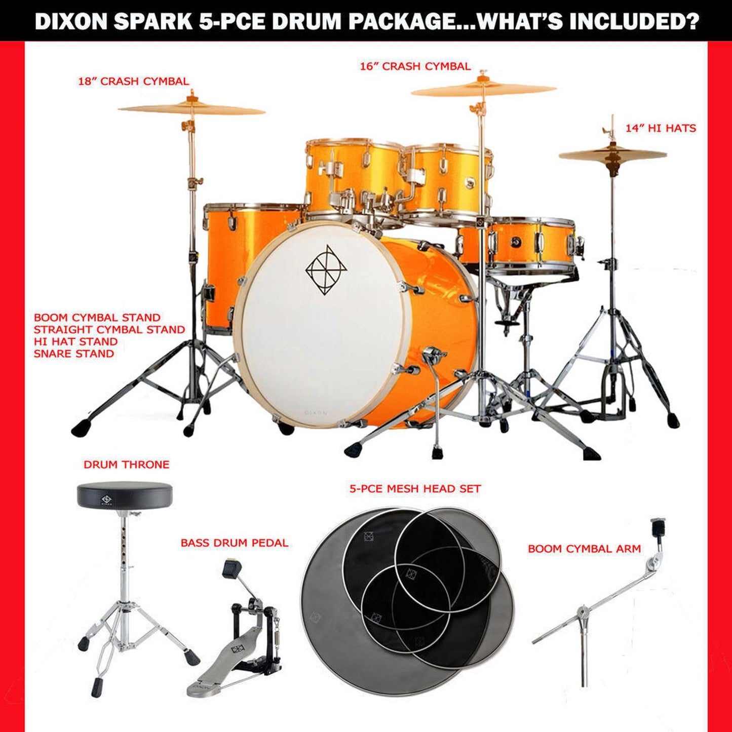 Dixon Spark Standard Series 5-Pce Drum Kit w/Cymbals - Misty Gold