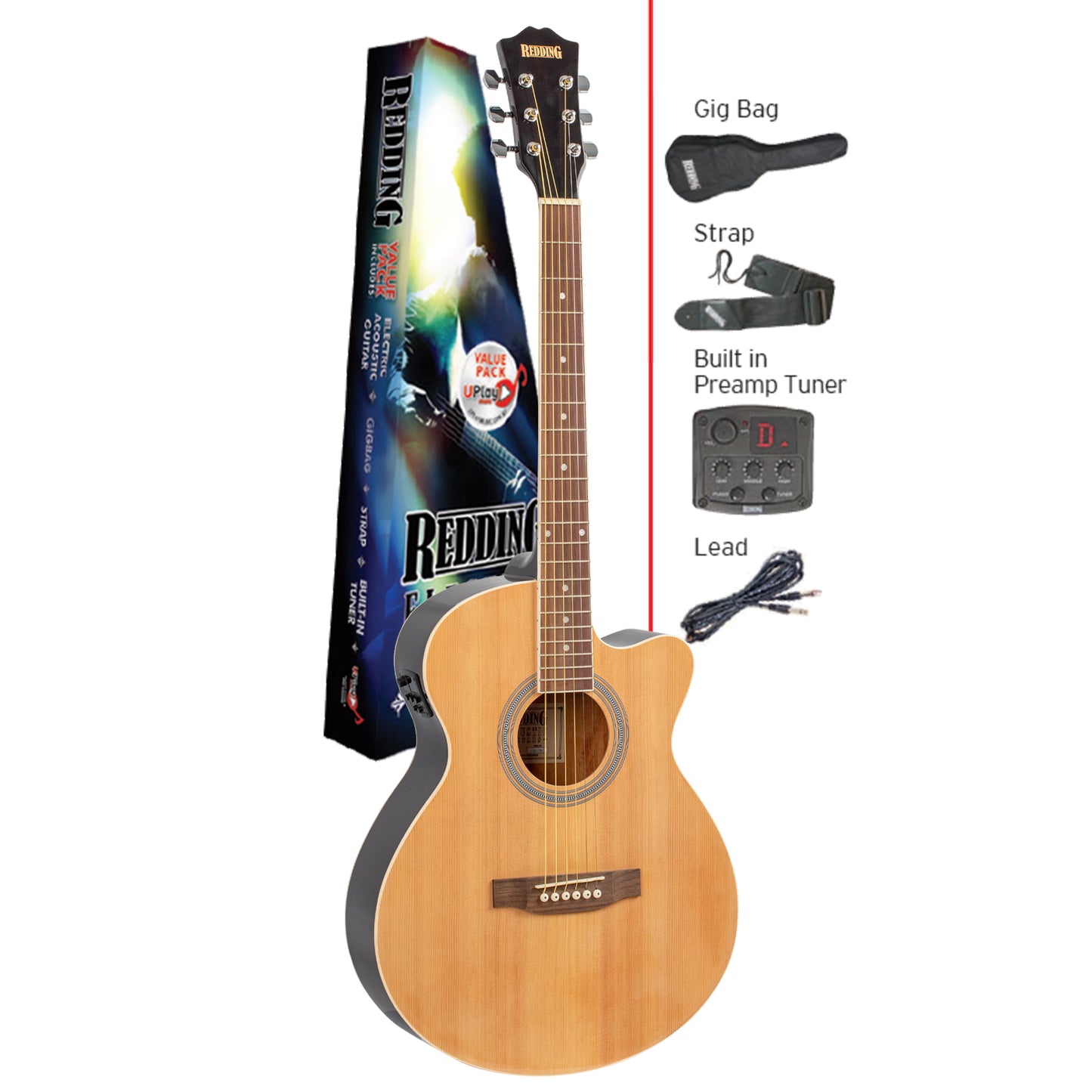 REDDING RGC51CE Grand Concert Acoustic Electric Guitar Pack - Natural