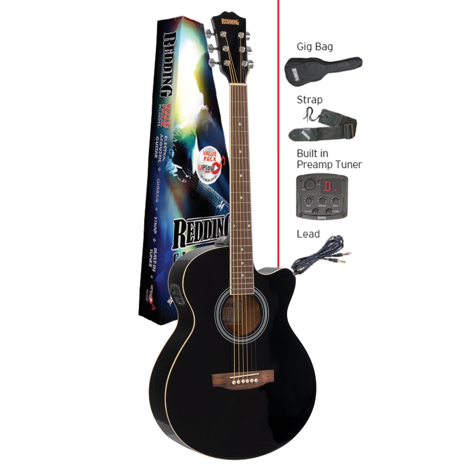 Redding RGC51PCEBK Grand Concert Acoustic Electric Guitar Pack - Black