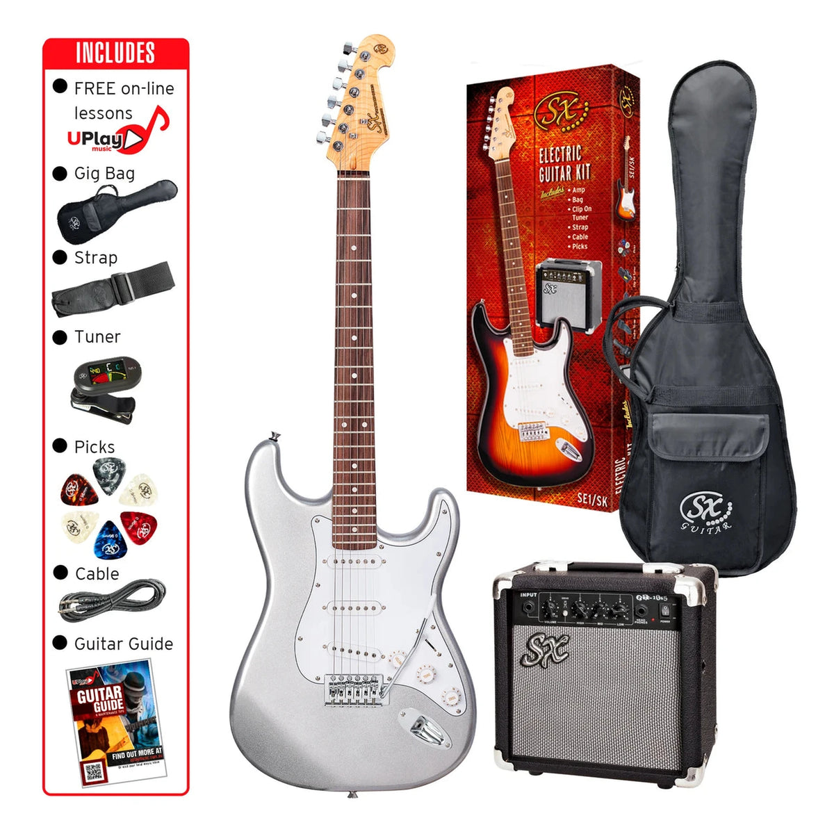 SX Full Size Electric Guitar Pack - Metallic Silver Sparkle