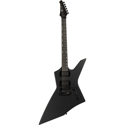 Black electric guitar on a white background