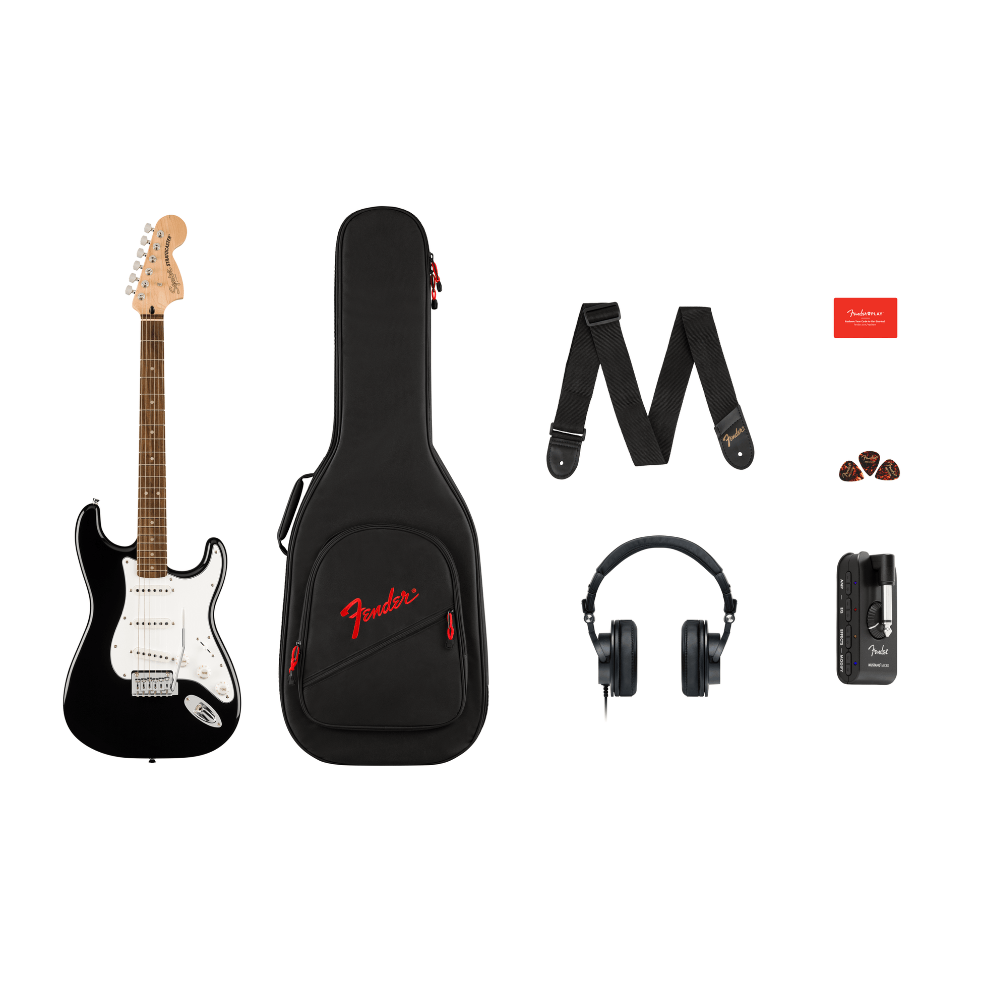 Squier Affinity Series Stratocaster Mustang Micro Pack Laurel Fingerboard with Gig Bag - Black from Joondalup Music Centre