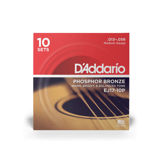 DADDARIO ACOUSTIC STRINGS - 10 PACK - MEDIUM - PHOSPHOR BRONZE - 13-56 (EJ17) - Joondalup Music Centre