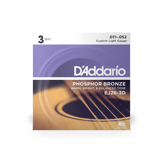 DAddario EJ26 Phosphor Bronze Acoustic Guitar Strings 3 Pack - 11-52 - Joondalup Music Centre