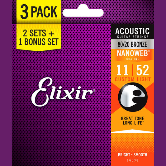 Elixir Nanoweb 80/20 Acoustic Guitar Strings 3 Pack - 11-52 - Joondalup Music Centre