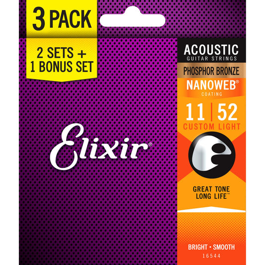 Elixir Nanoweb Phosphor Bronze Acoustic Guitar Strings 3 Pack - 11-52 - Joondalup Music Centre