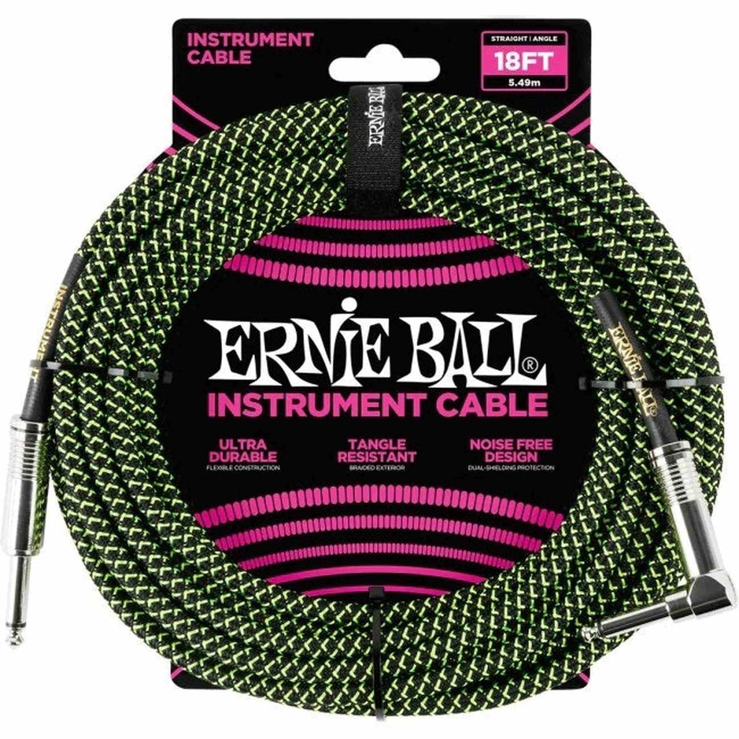 Ernie Ball Braided Right Angle Instrument Cable 5.5m - Black/Green - Joondalup Music Centre