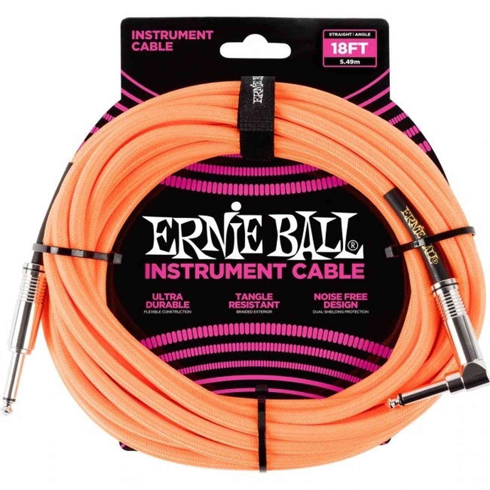 Ernie Ball Braided Right Angle Instrument Cable 5.5m - Orange - Joondalup Music Centre