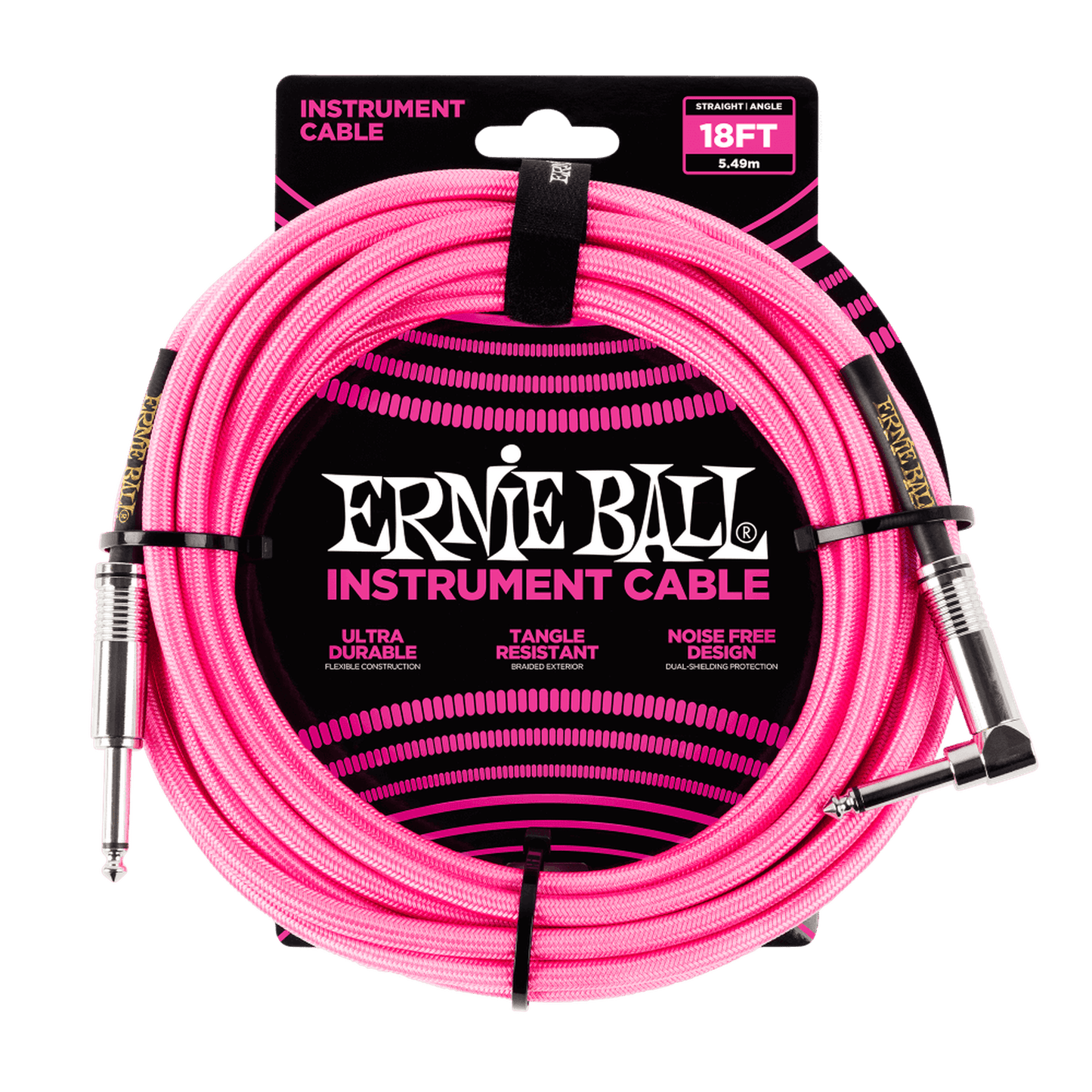 ERNIE BALL BRAIDED RIGHT ANGLE INSTRUMENT CABLE 5.5M - NEON PINK - Joondalup Music Centre