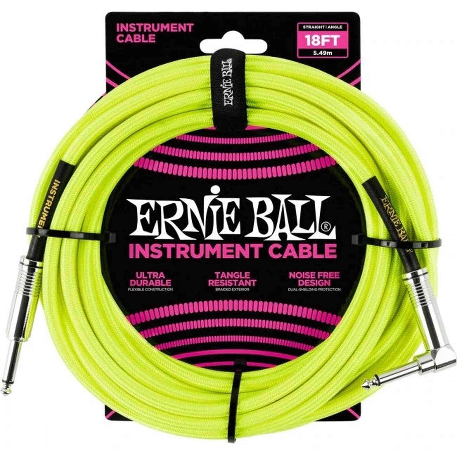 Ernie Ball Braided Right Angle Instrument Cable 18ft - Neon Yellow - Joondalup Music Centre