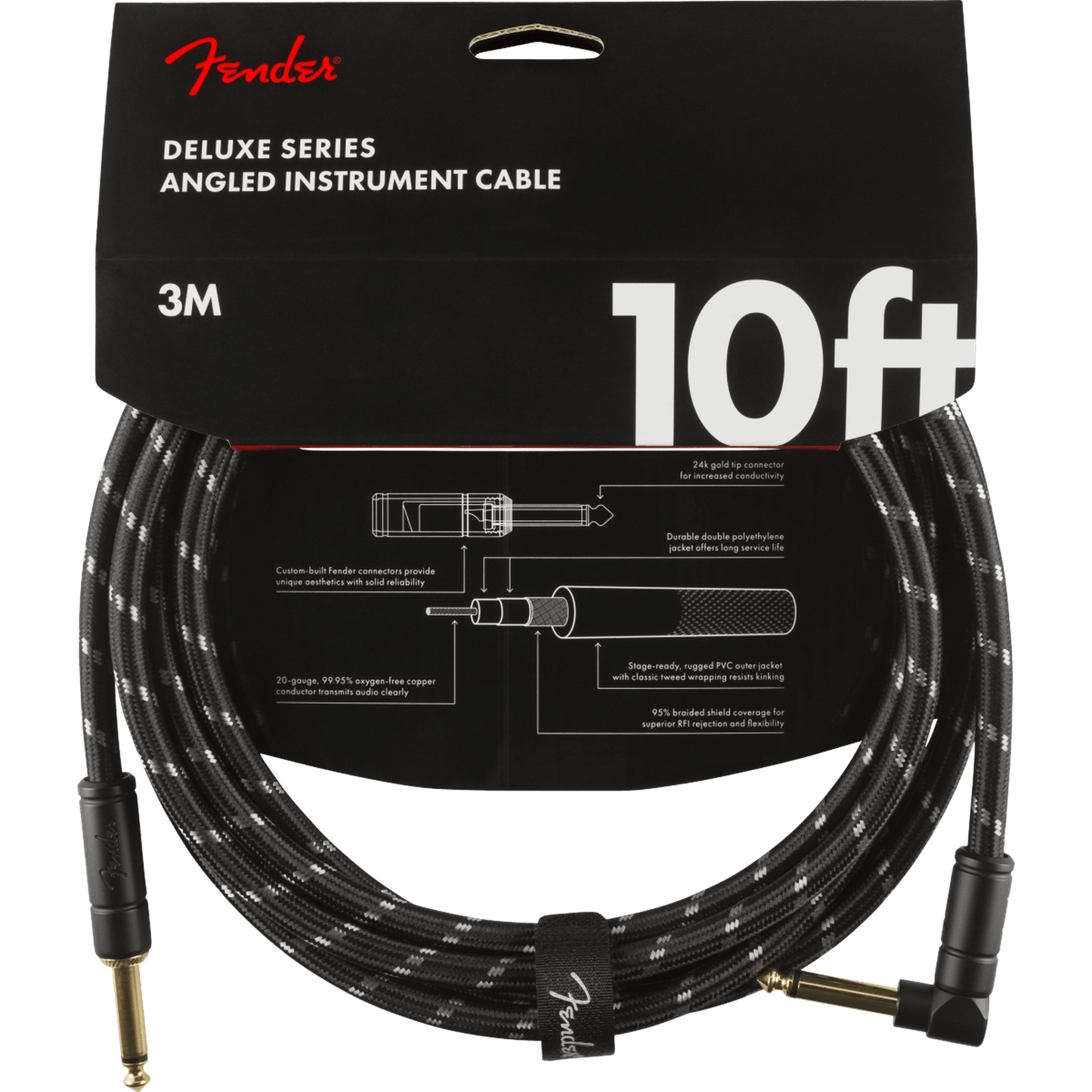 Fender Deluxe Series Right Angle Instrument Cable 10ft - Black Tweed - Joondalup Music Centre