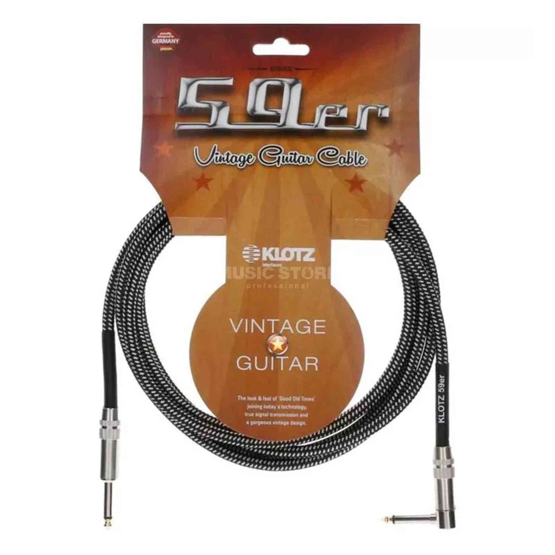 KLOTZ 59ER VINTAGE RIGHT ANGLE INSTRUMENT CABLE 4.5M - BRAID BLACK/WHITE - Joondalup Music Centre